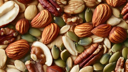 Closeup of Mixed Nuts and Seeds, Almonds, Pecans, Pumpkin Seeds, Healthy Snack Food Texture