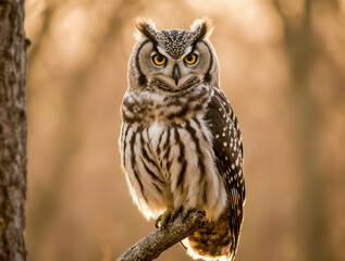 Obraz premium Long-Eared Owl Perched on Tree Branch in Golden Forest Light