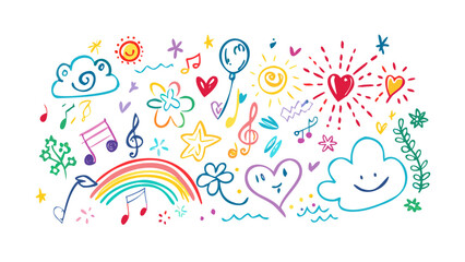 Cheerful colorful doodles with sun rainbow music notes and hearts vector