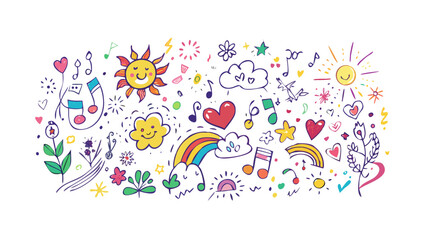 Cheerful doodle collection with suns hearts and music notes illustration colorful