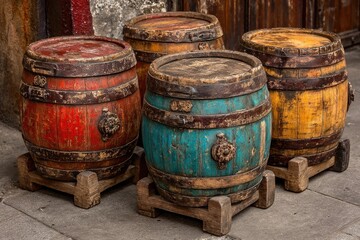 Fototapeta premium Four colorful wooden barrels, weathered and aged