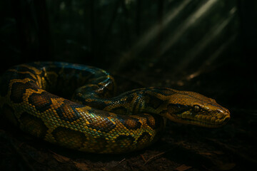 Reticulated Python in Coiled Position on Forest Floor