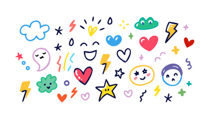 Cheerful colorful doodle icons with hearts and lightning bolts stars
