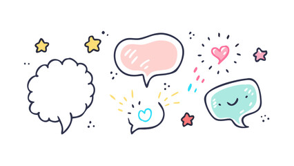 Hand drawn speech bubbles with stars and hearts communication conversation