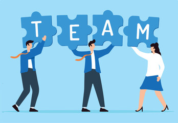 Business team connecting jigsaw puzzle together in flat design