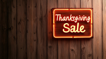 Thanksgiving sale neon sign wood wall glow holiday promotion discount banner retail store bright orange red light text poster board rustic plank