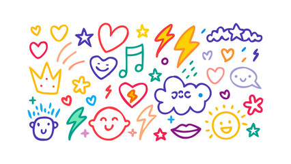 Cheerful doodle collection with hearts and lightning stars