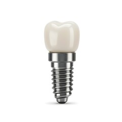Photorealistic 3D render of a single titanium dental implant with ceramic crown on white background. Detailed threads, realistic textures, and precise dental anatomy in high-resolution studio lighting