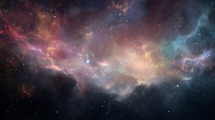 Fototapeta premium A vast expanse of cosmic nebulae, showcasing swirling hues of pink, orange, and blue, dotted with distant starlight.