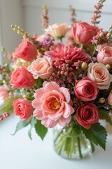 A vibrant bouquet of pink and peach roses with delicate blossoms, perfect for adding beauty to any space.