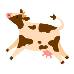 Playful spotted dairy cow leaping with curved tail and visible udder, simple flat style, isolated on white. Ideal for farm, milk, and kids projects