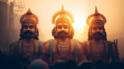 Majestic Ravana effigies lit during Vijayadashami Dussehra festival at sunset, symbolizing light’s triumph over darkness in Indian tradition.