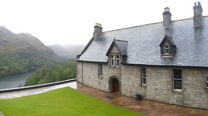 Stone House Scenic View Misty Mountain Lake Landscape