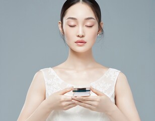 Woman holding skincare cream while wearing a white dress in a serene atmosphere.