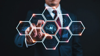Businessman interacting with futuristic ai brain interface network displaying data analytics and digital transformation concepts.