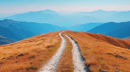 Dirt road atop a hill, mountains in background