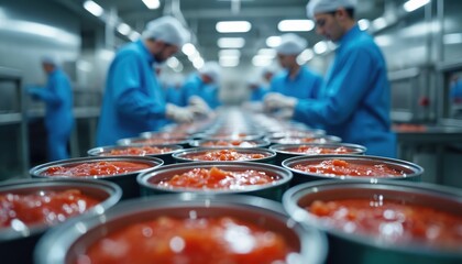 Workers in blue uniforms operate food processing line, filling cans with tomatoes. Conveyor belts move product through factory for food industry. Automated production system for canned goods.