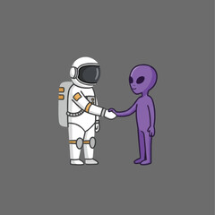 Cartoon Astronaut and Purple Alien Handshake: A Cosmic Encounter of Friendship