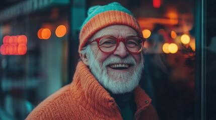 Elderly man in winter attire smiles warmly, radiating contentment outdoors.