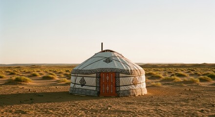 Yurt in desert under warm sky