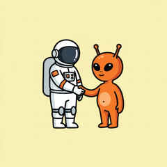 Cartoon Astronaut in White Suit Shakes Hand with Orange Alien