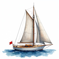 Obraz premium Watercolor sailboat with white sails, wooden deck floats on blue sea. Nautical vessel features red flag, tall mast. Isolated clipart on white background, perfect for summer vacation, travel, yachting