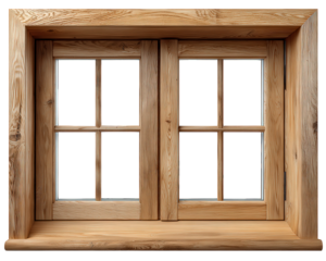 Wooden frame window with classic grid design, natural wood texture, rustic style, architectural element, cozy and inviting, suitable for home or cabin decor