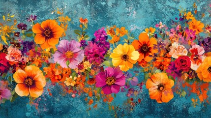 Vibrant floral border, textured background, decorative design for print, wallpaper, fabric