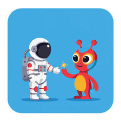 Cartoon Astronaut Offering Glowing Object to Smiling Red Alien Friend