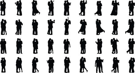 Silhouette vector set of diverse dancing couples in various elegant poses, showcasing ballroom, tango, and waltz for dance and art concepts