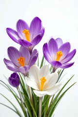 Naklejka premium Colorful crocus flowers in bloom, showcasing vibrant purple and white petals against a clean background.