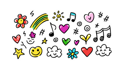 Hand drawn colorful doodle icons hearts stars flowers vector
