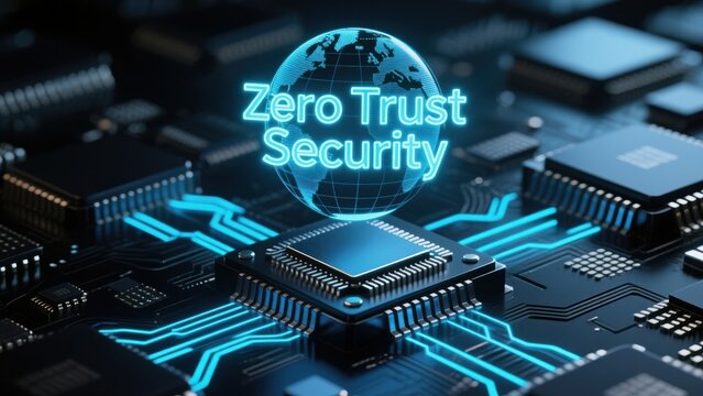 Futuristic microchips glow with neon blue lines as a holographic globe shows zero trust security, symbolizing secure identity and trust control in digital defense