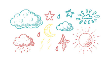 Hand drawn weather icons with textured crayon style vector
