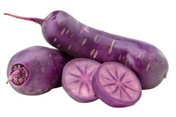 Purple radishes whole and sliced on black background