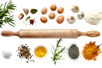 Baking ingredients and rolling pin on black background