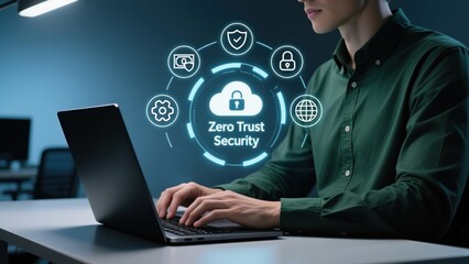 Man in tech office with holographic zero trust security text icons glowing above laptop, showing secure identity and trust control in modern digital architecture