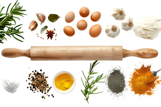 Baking ingredients and rolling pin on black background