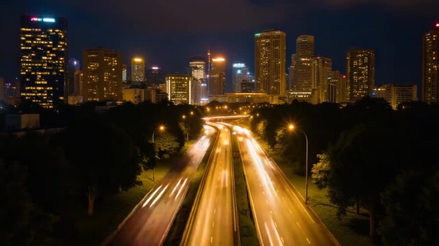 Aerial hyperlapse of Jakarta city with busy traffic on highway and glowing skyline at night, Indonesia. Perfect for urban, travel, and infrastructure themes.