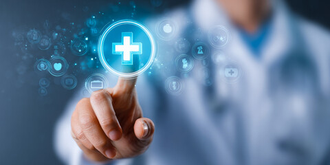 Innovative healthcare solutions digital medicine interactive technology modern clinic close-up perspective health awareness strategy