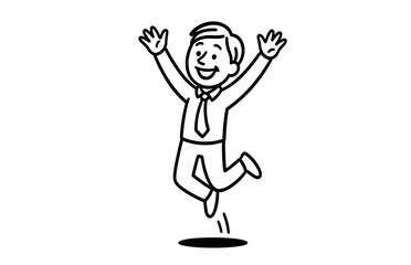 Happy businessman jumping celebration success line art black and white illustration