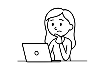 Thinking woman at laptop line art black and white cartoon illustration