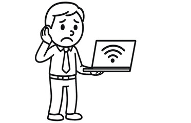 Worried office worker with laptop no wifi connection line art illustration