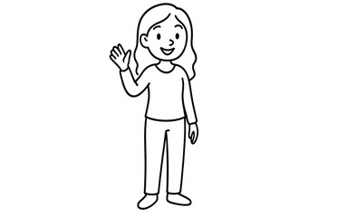 Waving cartoon girl line art black and white coloring page illustration