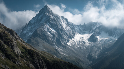 Obraz premium A scenic view of a snow capped mountain range with cloudy skies and green hills in the foreground
