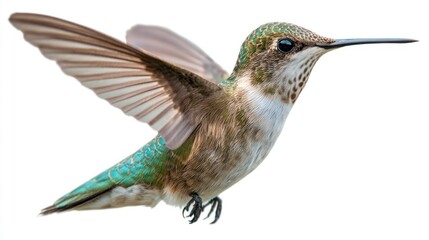 Fototapeta premium Colorful Hummingbird Hovering with Open Wings in Bright White Background