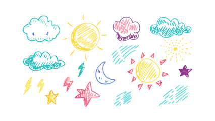 Hand drawn crayon weather elements moon clouds