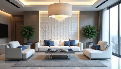 Luxurious living room featuring modern white leather sofa, chairs with blue pillows. Elegant geometric wall paneling, stylish chandelier, large windows with city view. Sophisticated minimalist home