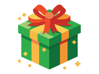 Isometric Green Gift Box with Red Bow and Yellow Ribbon Illustration