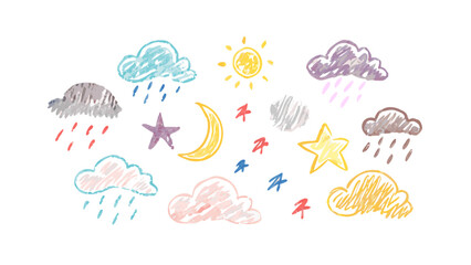 Hand drawn crayon weather elements clouds moon